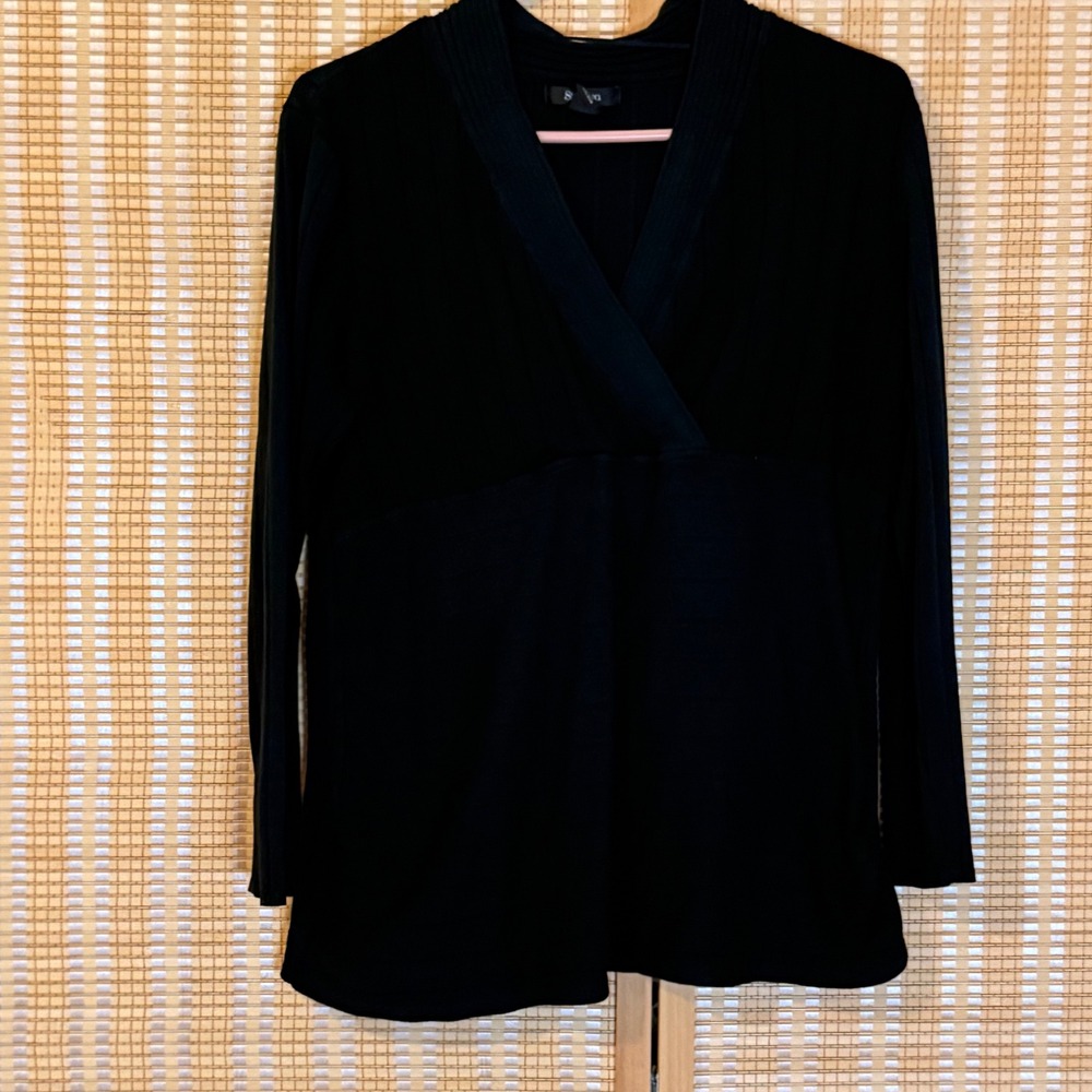 Style & Co Womens Black Ribbed Surplice V-Neck Long Sleeve Top Size Large Office